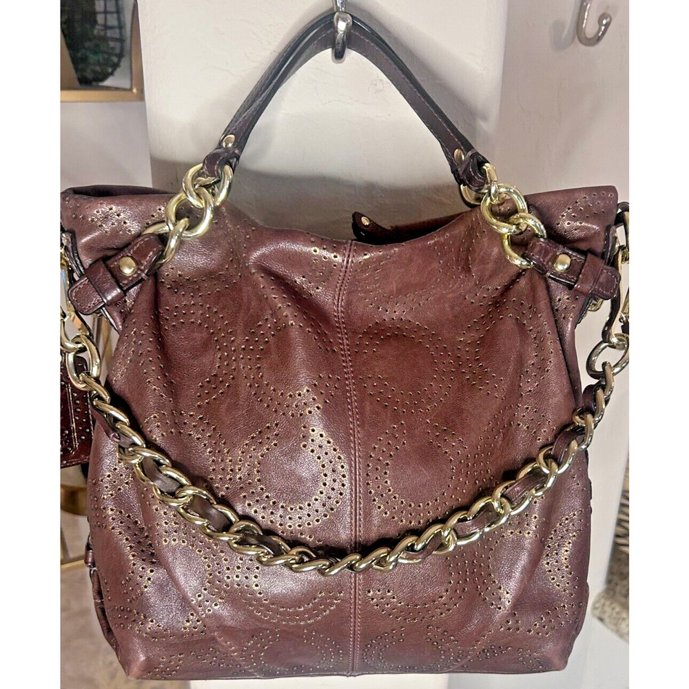 Coach Brooke Brown Perforated Leather Op Art Large Hobo Shoulder Bag 15003